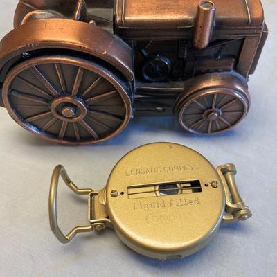 Metal tractor bank and Lensatic Compass
