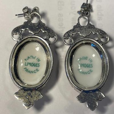 Vintage French Limoges Transferware Dangling Fashion Earrings in VG Preowned Condition. FREE DOMESTIC SHIPPING.