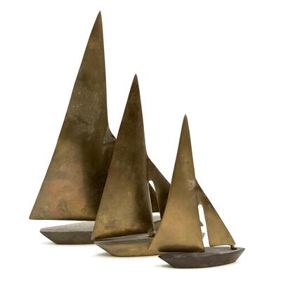 LOT 2L: Enesco 3-Piece Brass Sailboat Statue Set