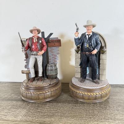 LOT 28L: Bradford Exchange John Wayne: Silver Screen Legend Illuminated Figurines - 2021 "Justice" No. 0216 & 2018...