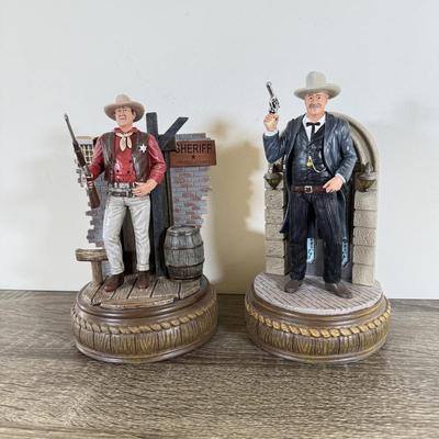 LOT 28L: Bradford Exchange John Wayne: Silver Screen Legend Illuminated Figurines - 2021 "Justice" No. 0216 & 2018...