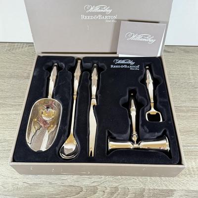 LOT 50L: Reed & Barton Williamsburg Silver Plate Bar Tool Set w/ Box