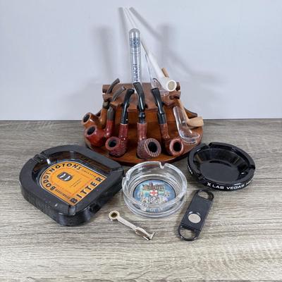 LOT 51M: Pipe Rack made in Italy, Boddingtons Bitter Ashtray w/ Collection of Pipes - Dr. Grabow, Italy, Angelo, Czech & More