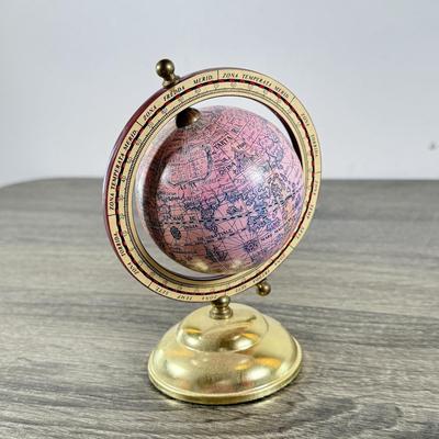 LOT 54M: Pair of Framed Vintage Foil Maps & Miniature Pink Desktop Globe