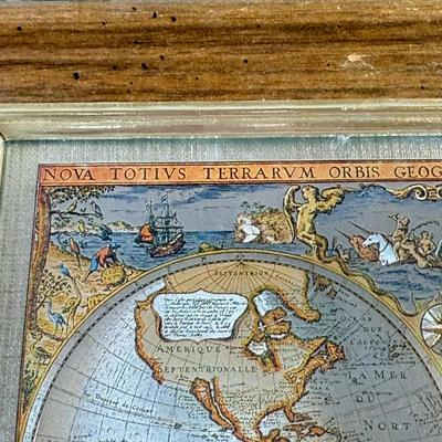 LOT 54M: Pair of Framed Vintage Foil Maps & Miniature Pink Desktop Globe
