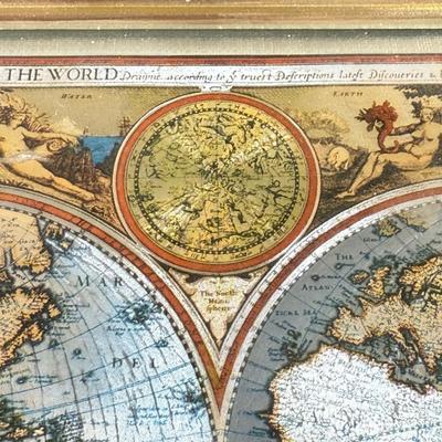 LOT 54M: Pair of Framed Vintage Foil Maps & Miniature Pink Desktop Globe