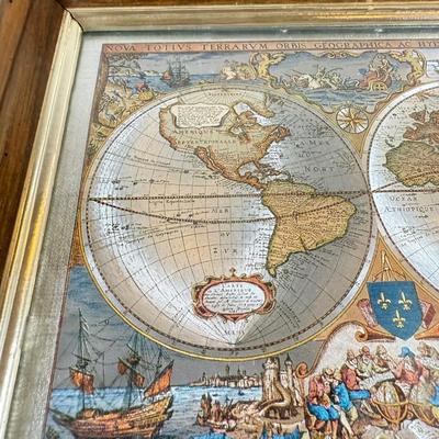 LOT 54M: Pair of Framed Vintage Foil Maps & Miniature Pink Desktop Globe