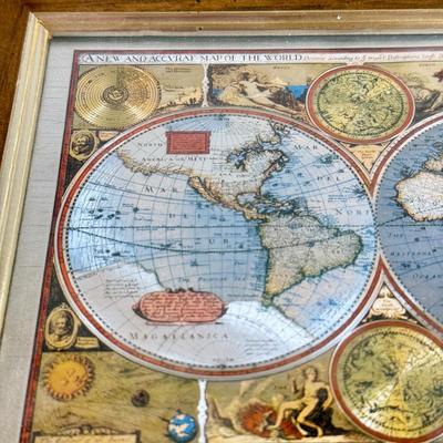 LOT 54M: Pair of Framed Vintage Foil Maps & Miniature Pink Desktop Globe
