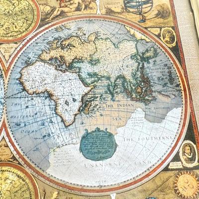 LOT 54M: Pair of Framed Vintage Foil Maps & Miniature Pink Desktop Globe