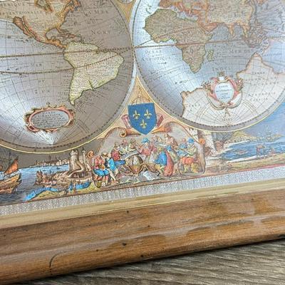 LOT 54M: Pair of Framed Vintage Foil Maps & Miniature Pink Desktop Globe