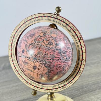 LOT 54M: Pair of Framed Vintage Foil Maps & Miniature Pink Desktop Globe