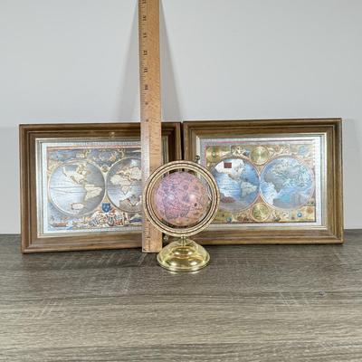 LOT 54M: Pair of Framed Vintage Foil Maps & Miniature Pink Desktop Globe