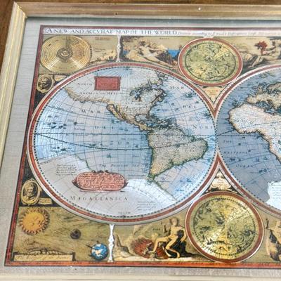 LOT 54M: Pair of Framed Vintage Foil Maps & Miniature Pink Desktop Globe