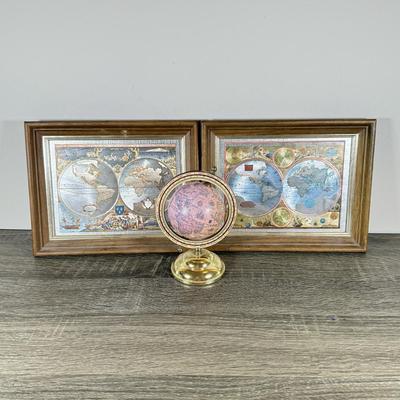 LOT 54M: Pair of Framed Vintage Foil Maps & Miniature Pink Desktop Globe