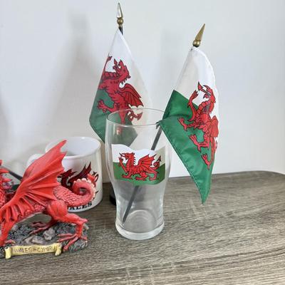 LOT 66M: Wales Flags & Memorabilia Collection incl. 2002 Crosa Welsh Dragon Statue