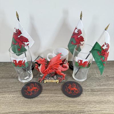 LOT 66M: Wales Flags & Memorabilia Collection incl. 2002 Crosa Welsh Dragon Statue