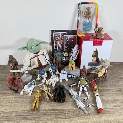 LOT 68L: Collection of Star Wars Toys / Figurines, Hallmark Keepsake Obi-Wan Ornament w/ Box & Sticker Book
