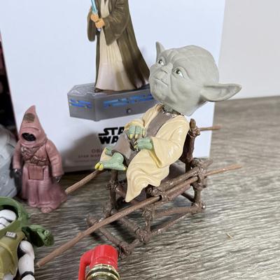 LOT 68L: Collection of Star Wars Toys / Figurines, Hallmark Keepsake Obi-Wan Ornament w/ Box & Sticker Book