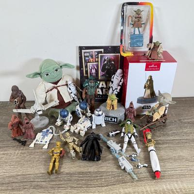 LOT 68L: Collection of Star Wars Toys / Figurines, Hallmark Keepsake Obi-Wan Ornament w/ Box & Sticker Book