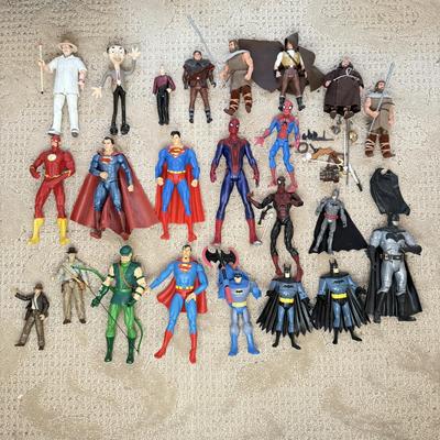 LOT 69L: Collection of Toys, Action Figures, Comics & More - Indiana Jones, DC Comics, Spiderman, Mr. Bean, 1950s Illustrated Classics