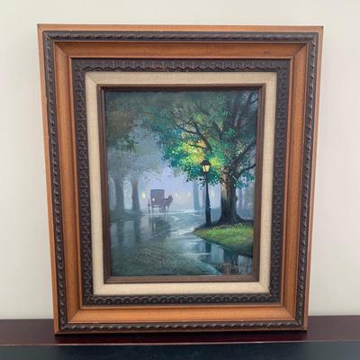 LOT 84 M: Framed & Signed Lloyd Garrison Oil Painting 2018: Nighttime Horse & Carriage