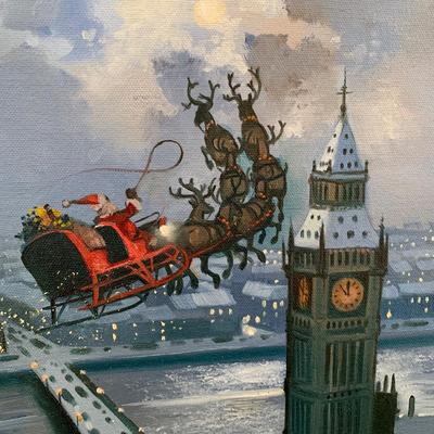 LOT 85 M: Framed & Signed Lloyd Garrison Oil Painting 2012: Santa's Sleigh Over London