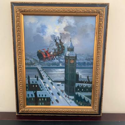LOT 85 M: Framed & Signed Lloyd Garrison Oil Painting 2012: Santa's Sleigh Over London