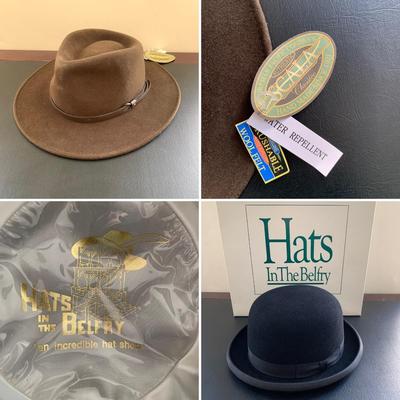 LOT 91 M: Scala Brown Wool Felt Size XL Cowboy Hat & Hats In The Belfry Black Felt Derby Hat Size 7 5/8