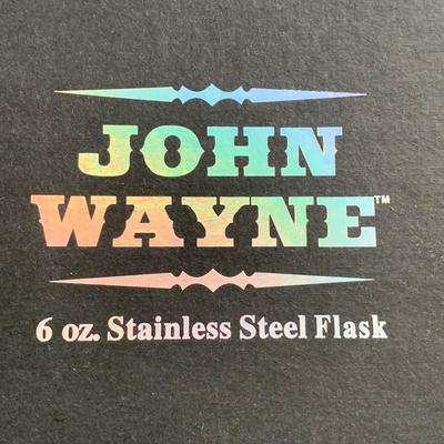 LOT 93 M: John Wayne Collection: 6 oz Stainless Steel Flask, Stamp Lapel Pins, Franklin Mint Collector's Playing Card Set, & More