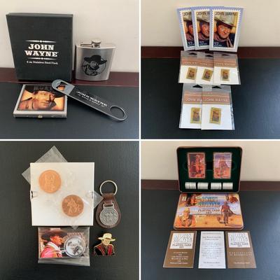 LOT 93 M: John Wayne Collection: 6 oz Stainless Steel Flask, Stamp Lapel Pins, Franklin Mint Collector's Playing Card Set, & More
