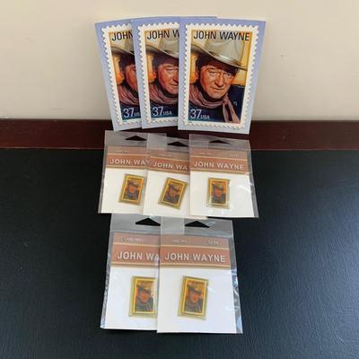 LOT 93 M: John Wayne Collection: 6 oz Stainless Steel Flask, Stamp Lapel Pins, Franklin Mint Collector's Playing Card Set, & More