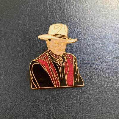 LOT 93 M: John Wayne Collection: 6 oz Stainless Steel Flask, Stamp Lapel Pins, Franklin Mint Collector's Playing Card Set, & More