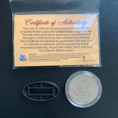 LOT 93 M: John Wayne Collection: 6 oz Stainless Steel Flask, Stamp Lapel Pins, Franklin Mint Collector's Playing Card Set, & More