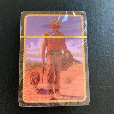 LOT 93 M: John Wayne Collection: 6 oz Stainless Steel Flask, Stamp Lapel Pins, Franklin Mint Collector's Playing Card Set, & More
