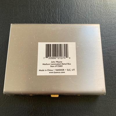 LOT 93 M: John Wayne Collection: 6 oz Stainless Steel Flask, Stamp Lapel Pins, Franklin Mint Collector's Playing Card Set, & More