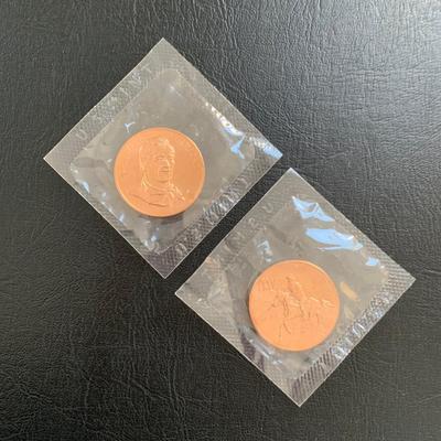 LOT 93 M: John Wayne Collection: 6 oz Stainless Steel Flask, Stamp Lapel Pins, Franklin Mint Collector's Playing Card Set, & More