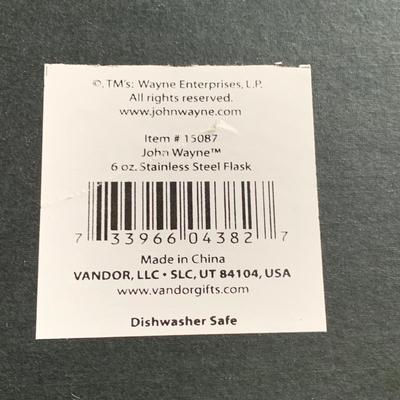 LOT 93 M: John Wayne Collection: 6 oz Stainless Steel Flask, Stamp Lapel Pins, Franklin Mint Collector's Playing Card Set, & More