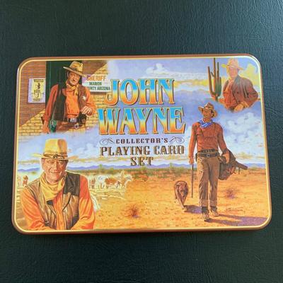 LOT 93 M: John Wayne Collection: 6 oz Stainless Steel Flask, Stamp Lapel Pins, Franklin Mint Collector's Playing Card Set, & More