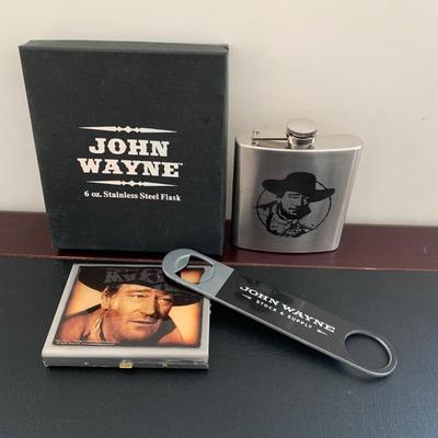LOT 93 M: John Wayne Collection: 6 oz Stainless Steel Flask, Stamp Lapel Pins, Franklin Mint Collector's Playing Card Set, & More