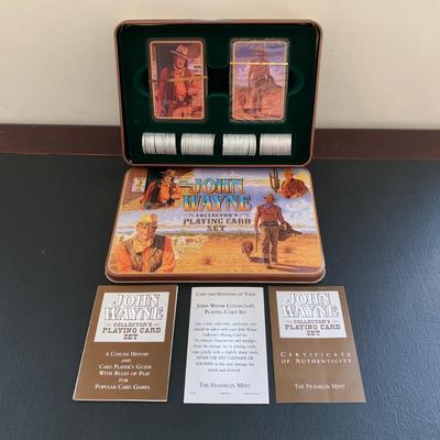 LOT 93 M: John Wayne Collection: 6 oz Stainless Steel Flask, Stamp Lapel Pins, Franklin Mint Collector's Playing Card Set, & More