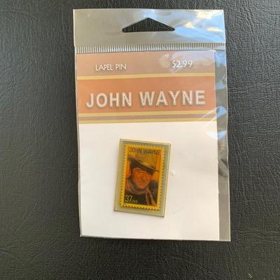 LOT 93 M: John Wayne Collection: 6 oz Stainless Steel Flask, Stamp Lapel Pins, Franklin Mint Collector's Playing Card Set, & More