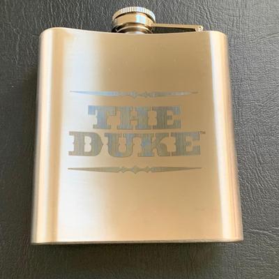 LOT 93 M: John Wayne Collection: 6 oz Stainless Steel Flask, Stamp Lapel Pins, Franklin Mint Collector's Playing Card Set, & More