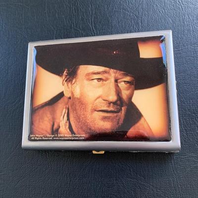 LOT 93 M: John Wayne Collection: 6 oz Stainless Steel Flask, Stamp Lapel Pins, Franklin Mint Collector's Playing Card Set, & More