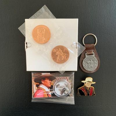 LOT 93 M: John Wayne Collection: 6 oz Stainless Steel Flask, Stamp Lapel Pins, Franklin Mint Collector's Playing Card Set, & More