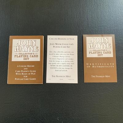 LOT 93 M: John Wayne Collection: 6 oz Stainless Steel Flask, Stamp Lapel Pins, Franklin Mint Collector's Playing Card Set, & More