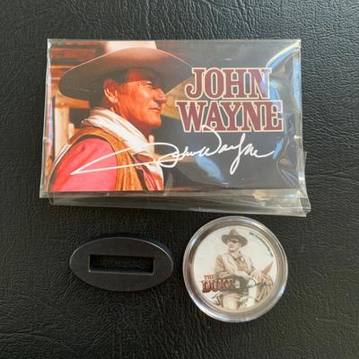 LOT 93 M: John Wayne Collection: 6 oz Stainless Steel Flask, Stamp Lapel Pins, Franklin Mint Collector's Playing Card Set, & More