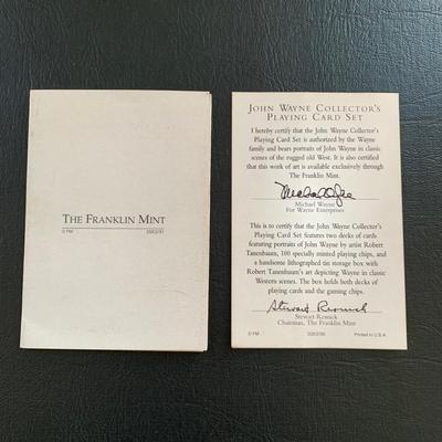 LOT 93 M: John Wayne Collection: 6 oz Stainless Steel Flask, Stamp Lapel Pins, Franklin Mint Collector's Playing Card Set, & More