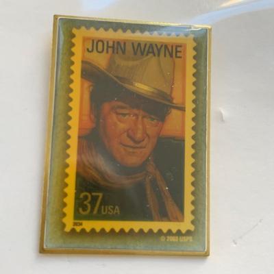 LOT 93 M: John Wayne Collection: 6 oz Stainless Steel Flask, Stamp Lapel Pins, Franklin Mint Collector's Playing Card Set, & More