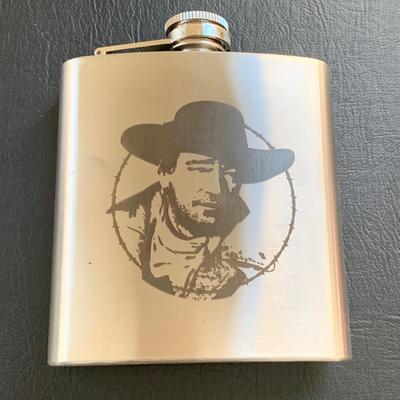 LOT 93 M: John Wayne Collection: 6 oz Stainless Steel Flask, Stamp Lapel Pins, Franklin Mint Collector's Playing Card Set, & More