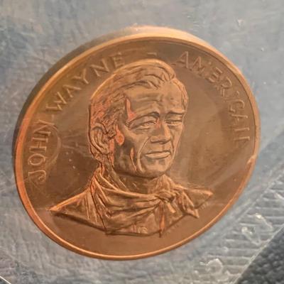 LOT 93 M: John Wayne Collection: 6 oz Stainless Steel Flask, Stamp Lapel Pins, Franklin Mint Collector's Playing Card Set, & More